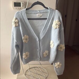 Baby  Blue Cardigan with Cream Floral Accents
